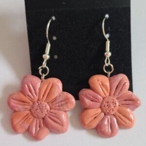 Boho Retro Chunky 2 Tone Orange Pink Flower Power Dangle Drop Clay Earrings